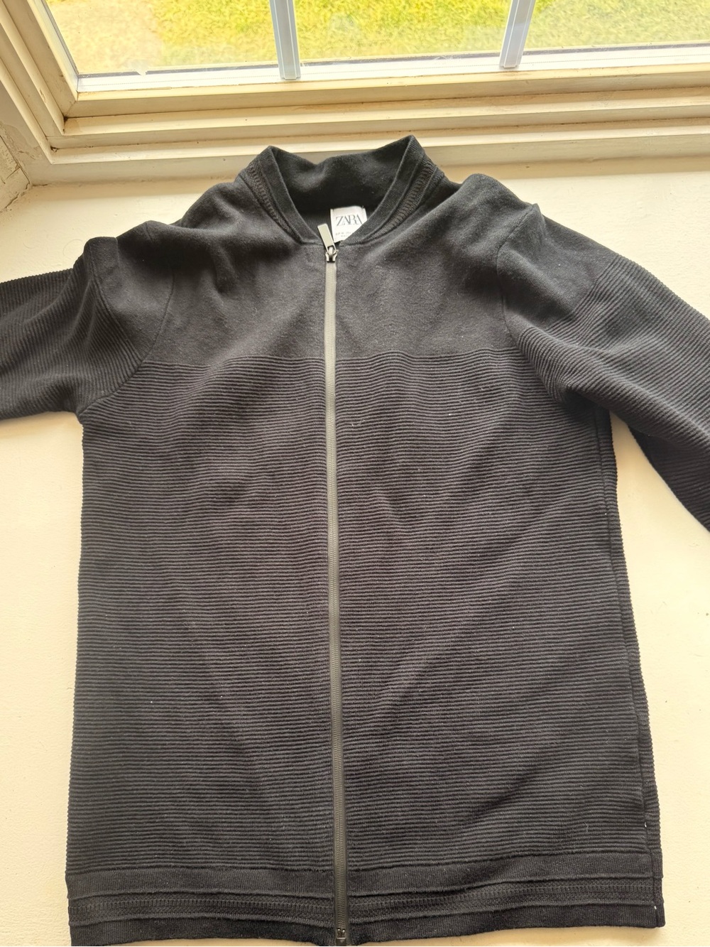 Zara Men Black Full-Zip Ribbed Knit Sweater Jacket